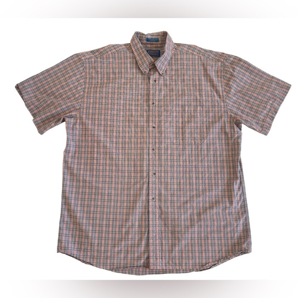 Pendleton Mens XL Short Sleeve Plaid Button Down Shirt Orange Blue‎ Cotton Blend